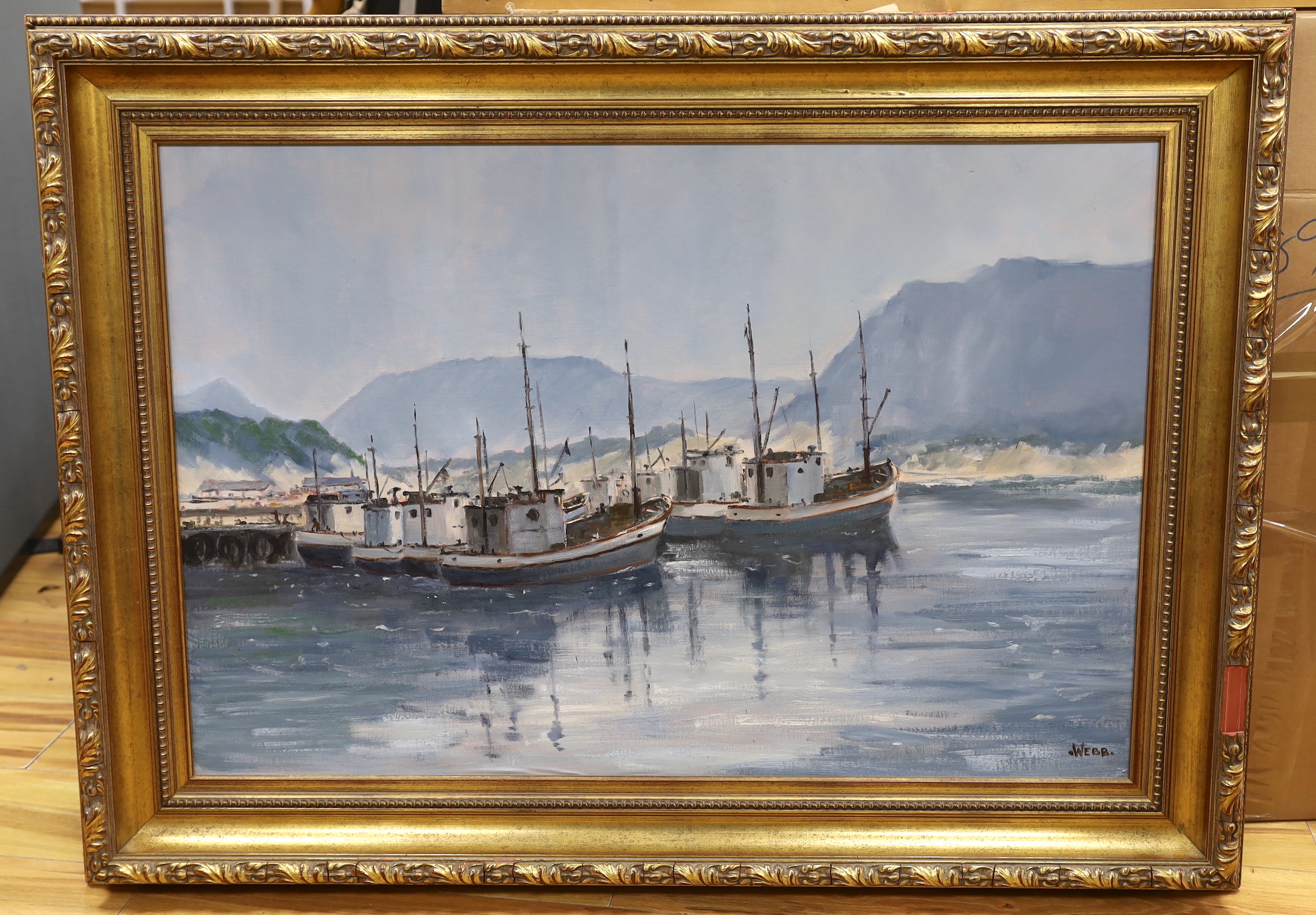 Webb, oil on canvas, Fishing boats in harbour, signed, 60 x 90cm